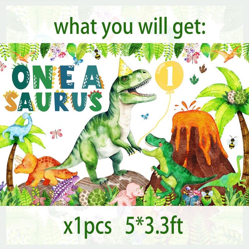 BIGKEOKI One a Saurus Birthday Decorations Dinosaur 1st Bday Party Backdrop Banner Jungle Leaves T-rex Dino Bday Photography Background Dino First Bday Party Supplies (Green Dino 1st) - Image 2